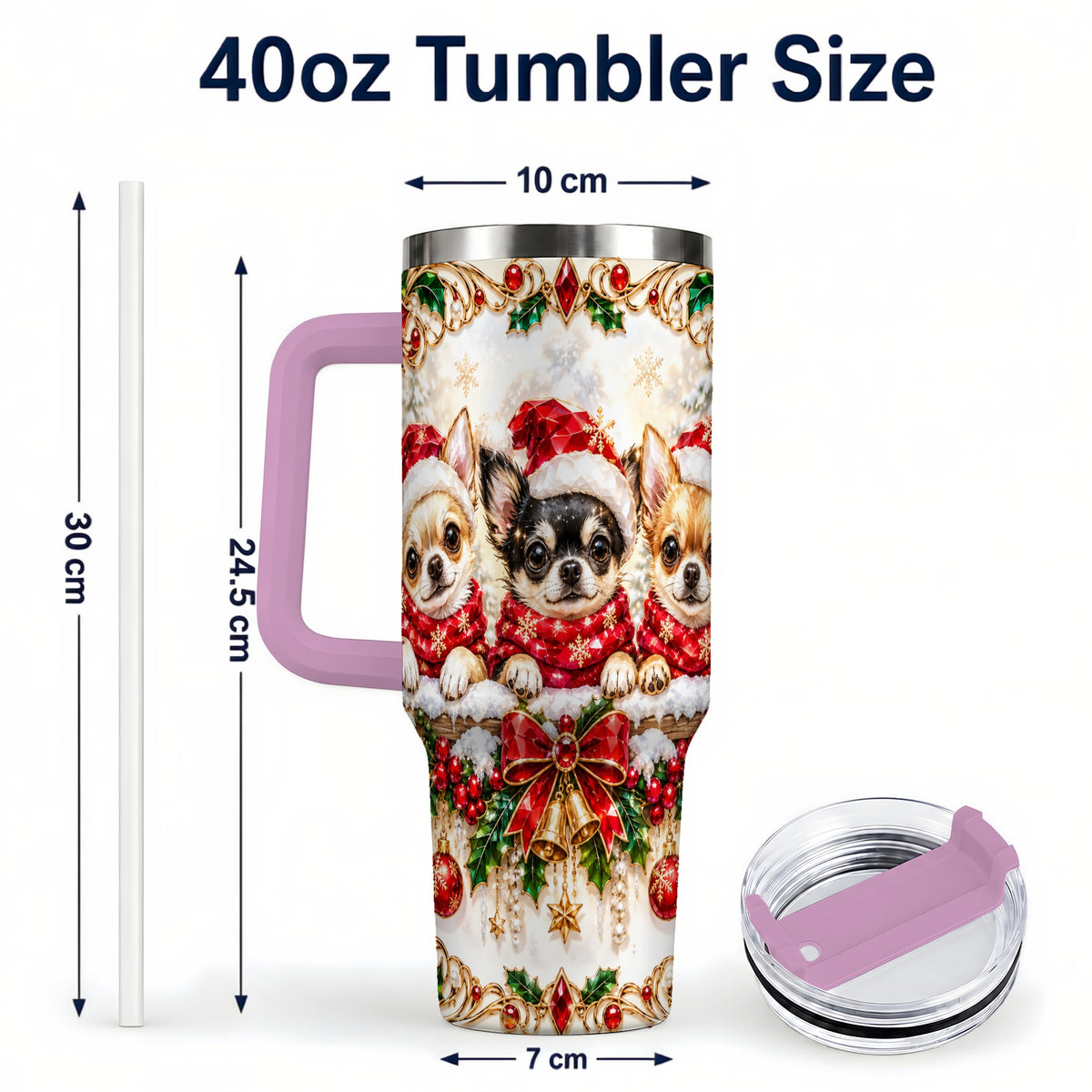 #pl[40oz|Pink] Christmas Chihuahua 40oz Tumbler with Handle, Holiday Dog Travel Cup