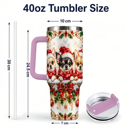 #pl[40oz|Pink] Christmas Chihuahua 40oz Tumbler with Handle, Holiday Dog Travel Cup