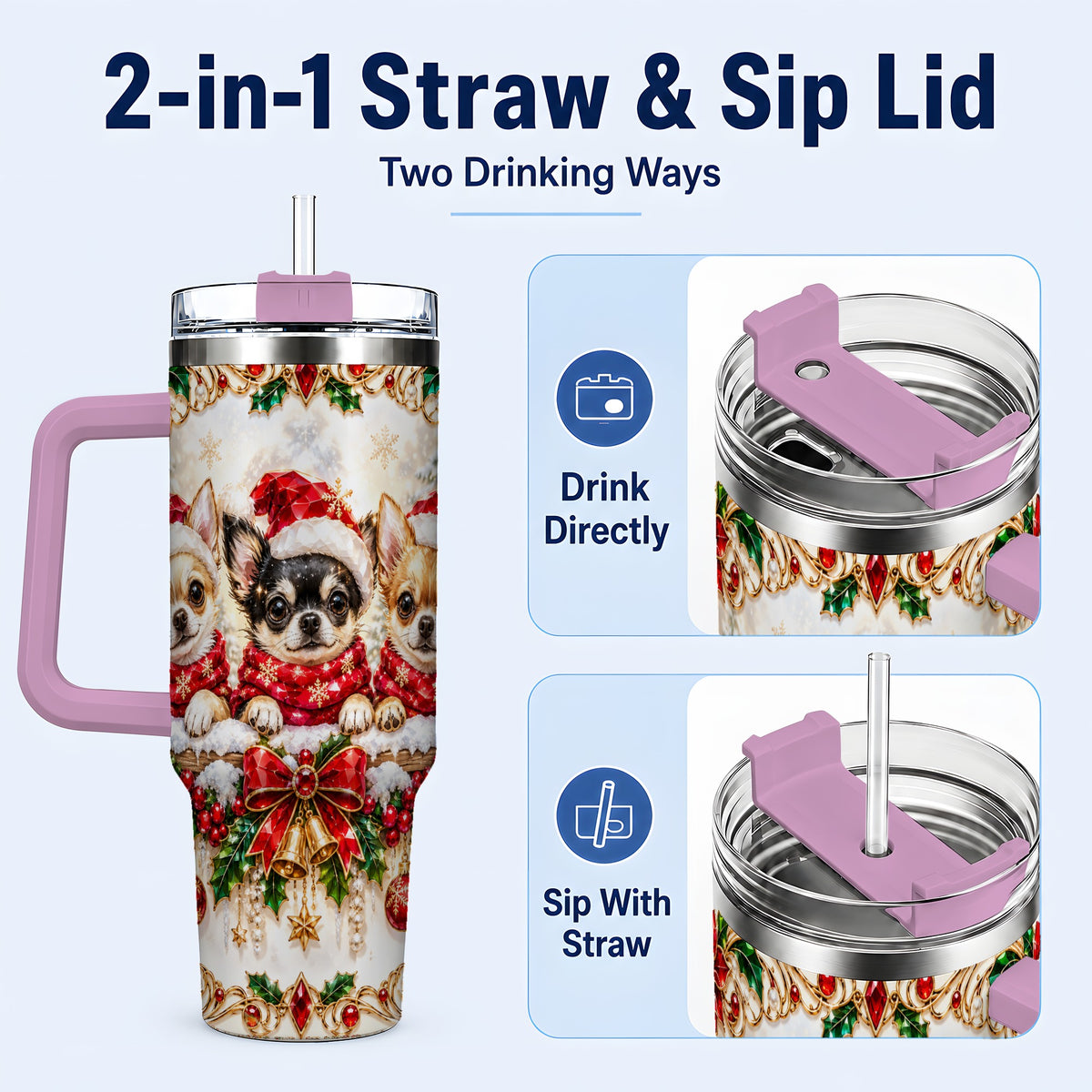 #pl[40oz|Pink] Christmas Chihuahua 40oz Tumbler with Handle, Holiday Dog Travel Cup