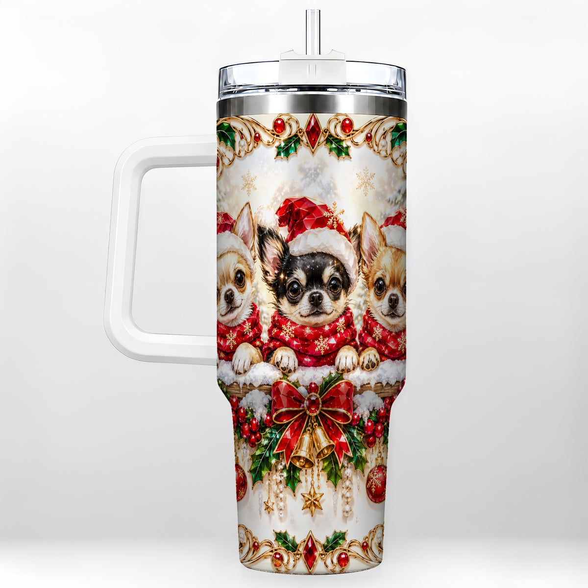 Christmas Chihuahua 40oz Tumbler with Handle, Holiday Dog Travel Cup