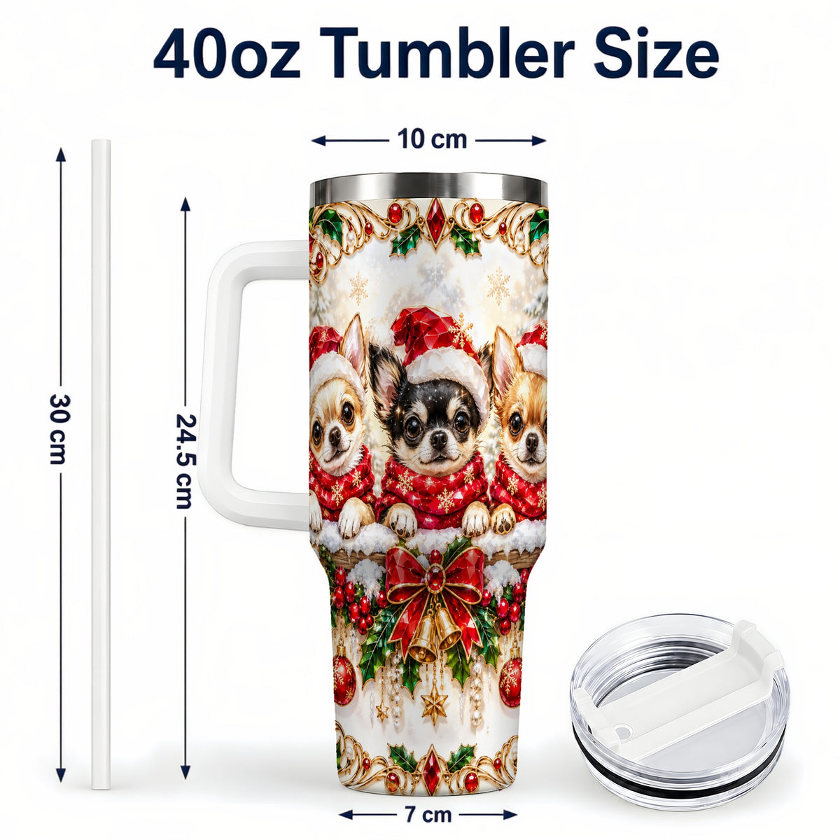 #pl[40oz|White] Christmas Chihuahua 40oz Tumbler with Handle, Holiday Dog Travel Cup