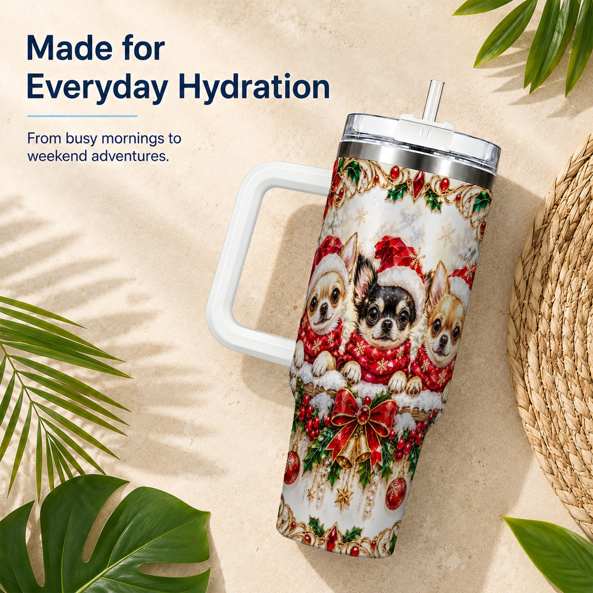 Christmas Chihuahua 40oz Tumbler with Handle, Holiday Dog Travel Cup