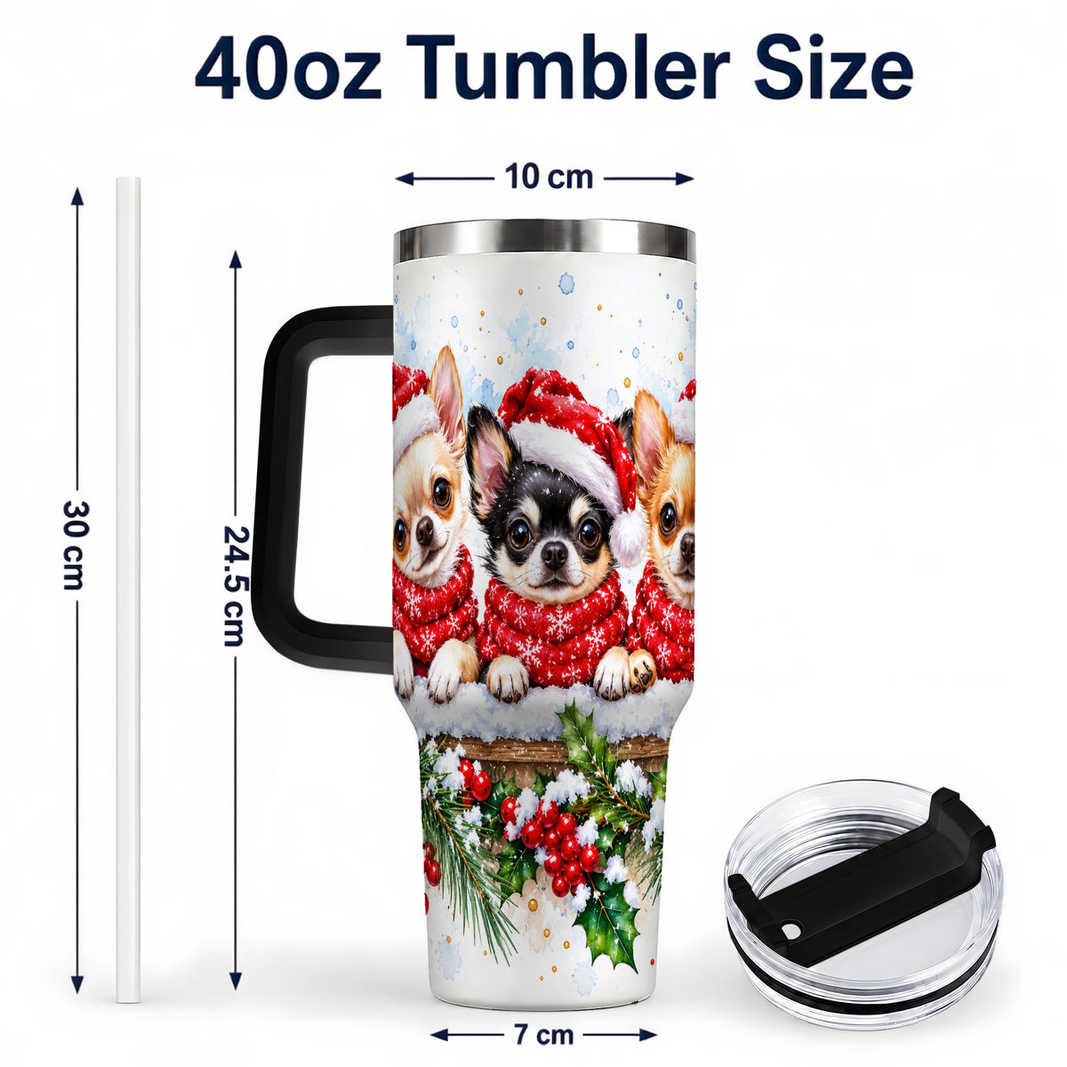 #pl[40oz|Black] Watercolor Chihuahua 40oz Tumbler with Handle, Christmas Dog Travel Cup