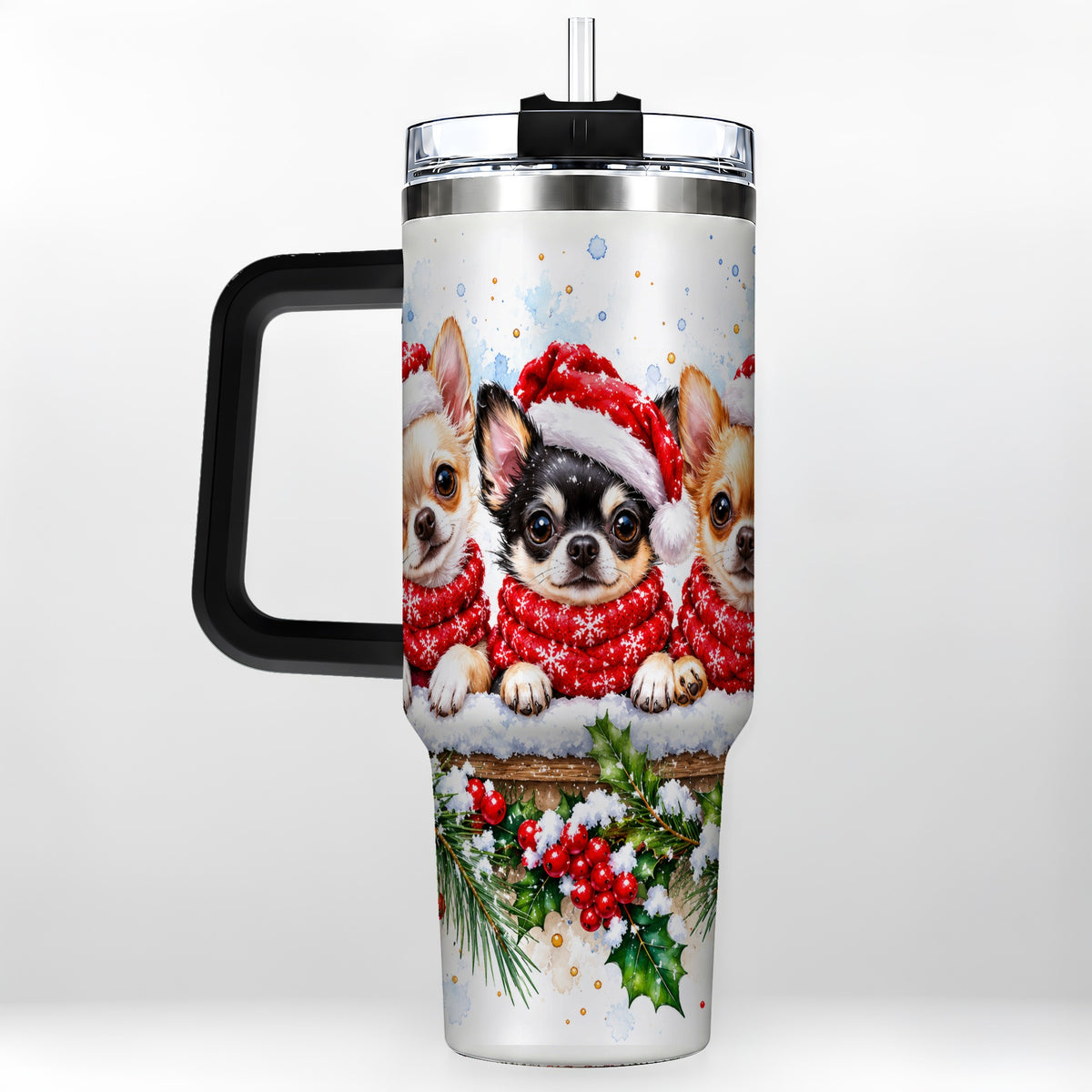 #pl[40oz|Black] Watercolor Chihuahua 40oz Tumbler with Handle, Christmas Dog Travel Cup