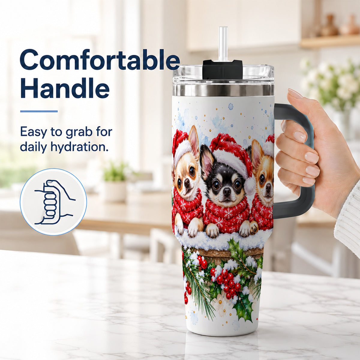 #pl[40oz|Black] Watercolor Chihuahua 40oz Tumbler with Handle, Christmas Dog Travel Cup