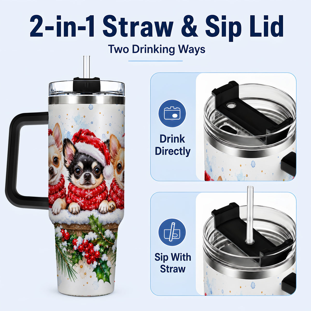 #pl[40oz|Black] Watercolor Chihuahua 40oz Tumbler with Handle, Christmas Dog Travel Cup