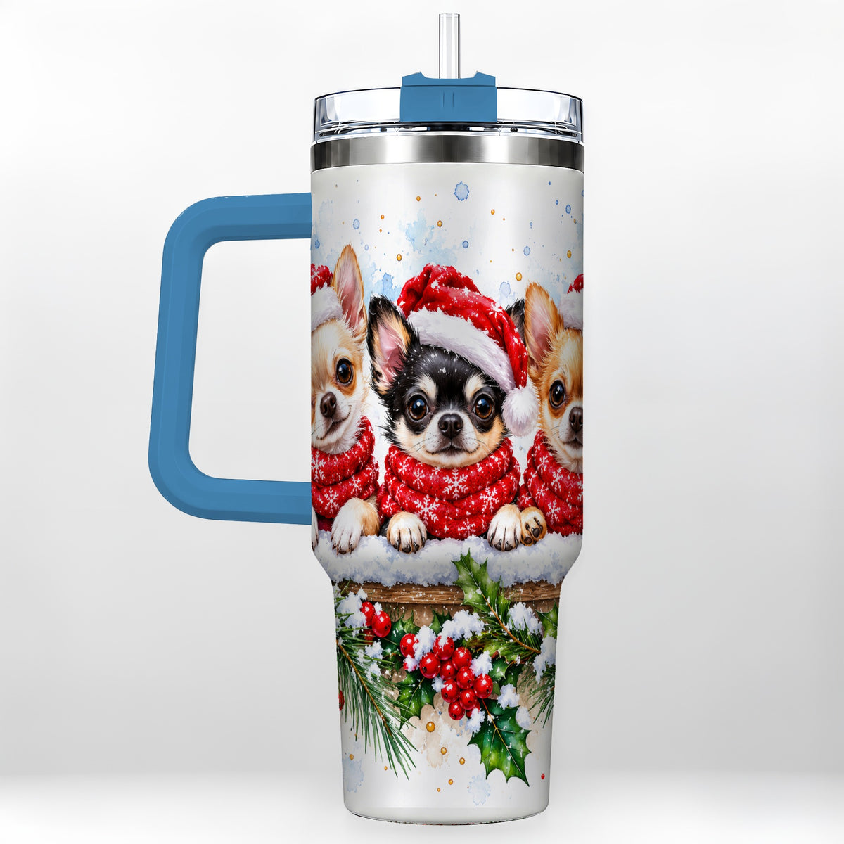 #pl[40oz|Blue] Watercolor Chihuahua 40oz Tumbler with Handle, Christmas Dog Travel Cup