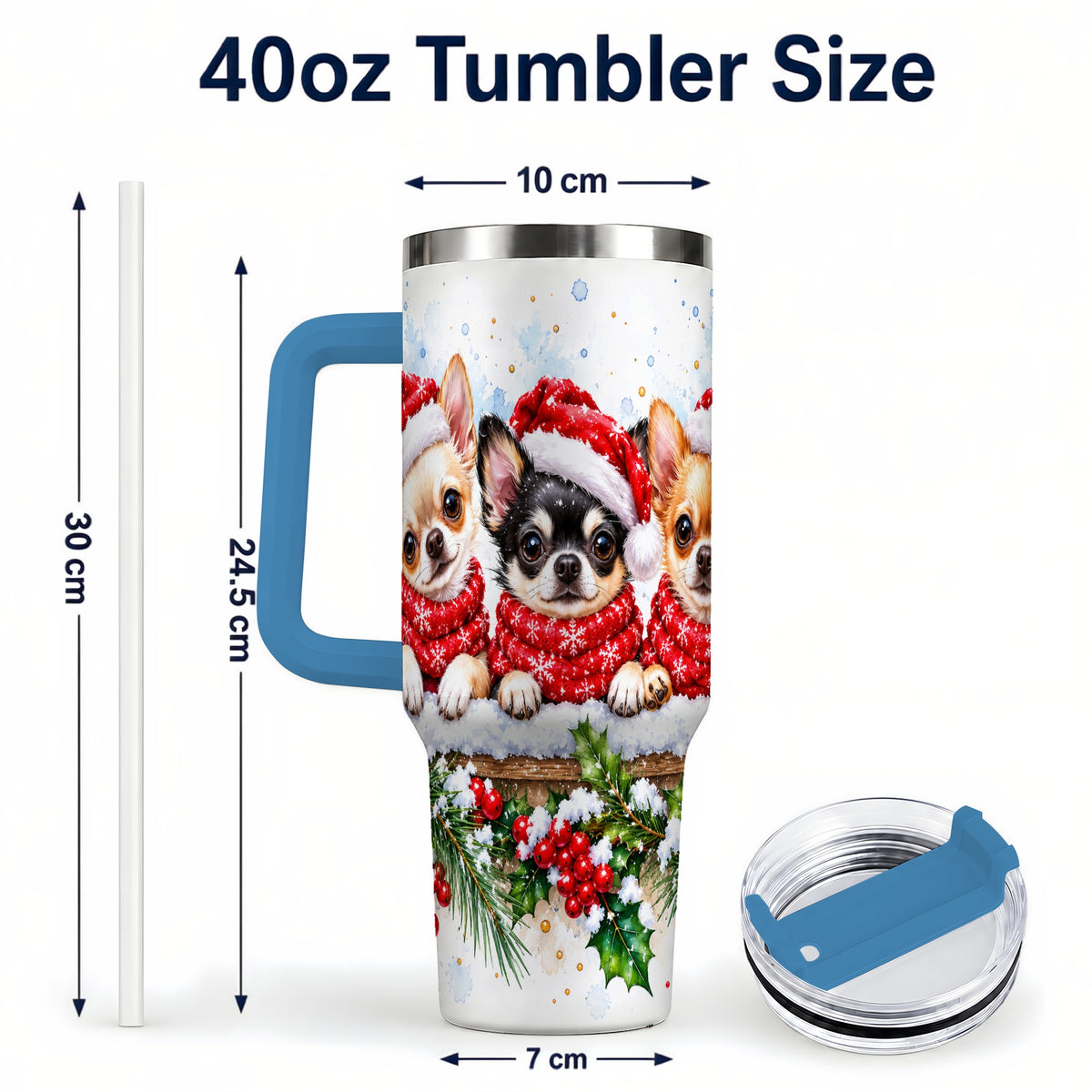 #pl[40oz|Blue] Watercolor Chihuahua 40oz Tumbler with Handle, Christmas Dog Travel Cup