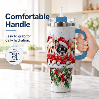 #pl[40oz|Blue] Watercolor Chihuahua 40oz Tumbler with Handle, Christmas Dog Travel Cup