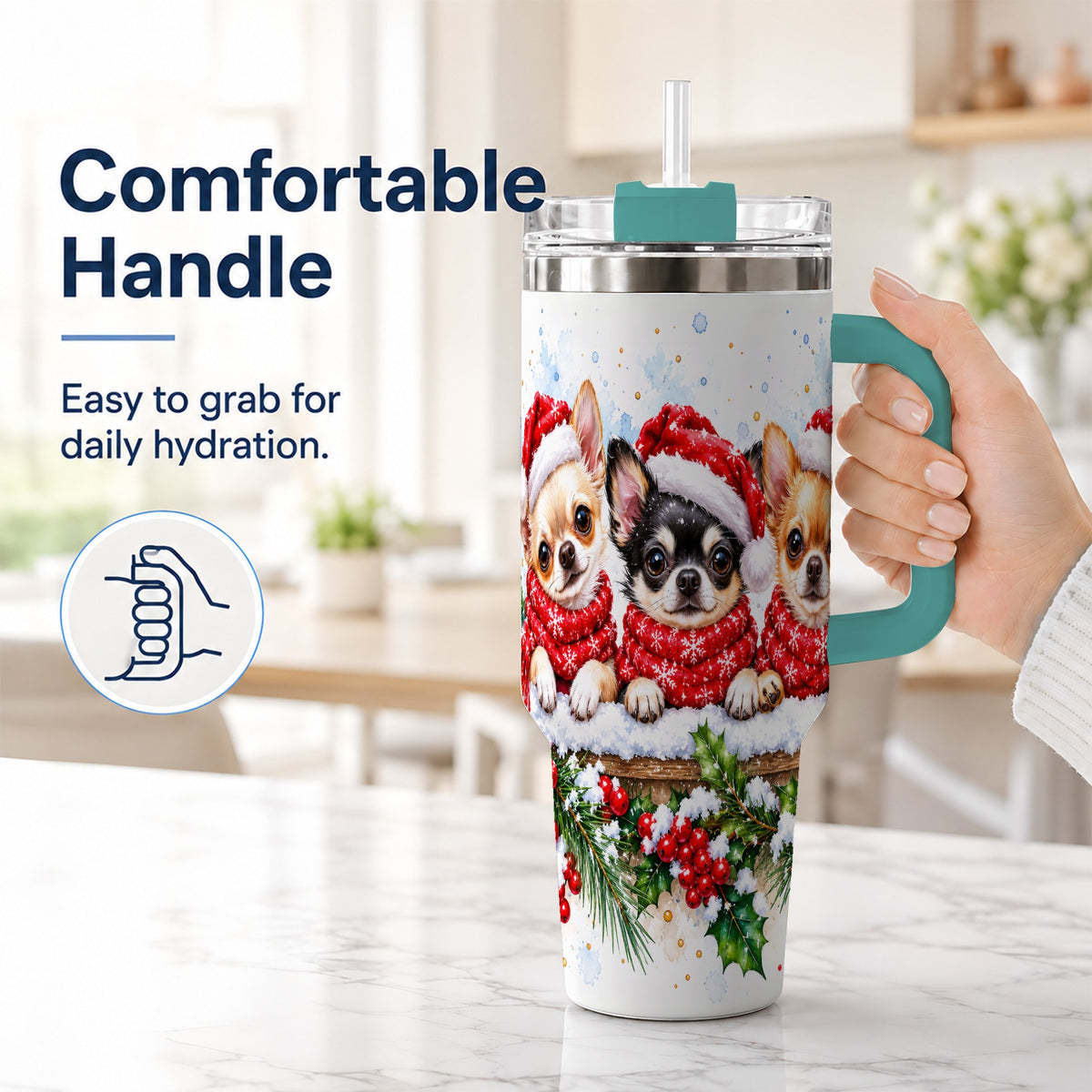 #pl[40oz|Green] Watercolor Chihuahua 40oz Tumbler with Handle, Christmas Dog Travel Cup