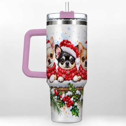 #pl[40oz|Pink] Watercolor Chihuahua 40oz Tumbler with Handle, Christmas Dog Travel Cup