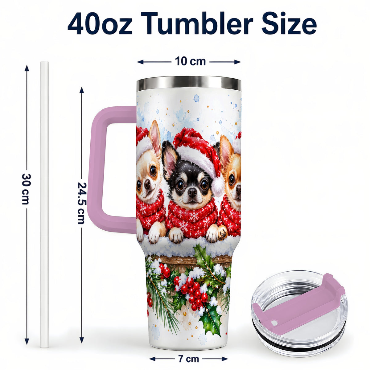 #pl[40oz|Pink] Watercolor Chihuahua 40oz Tumbler with Handle, Christmas Dog Travel Cup
