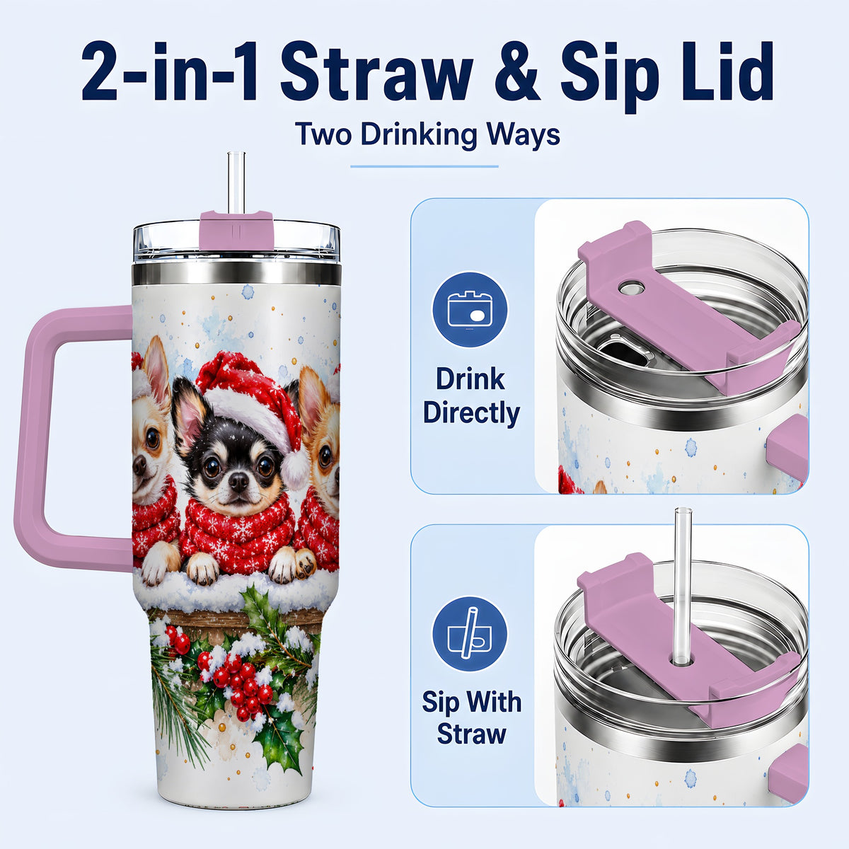 #pl[40oz|Pink] Watercolor Chihuahua 40oz Tumbler with Handle, Christmas Dog Travel Cup