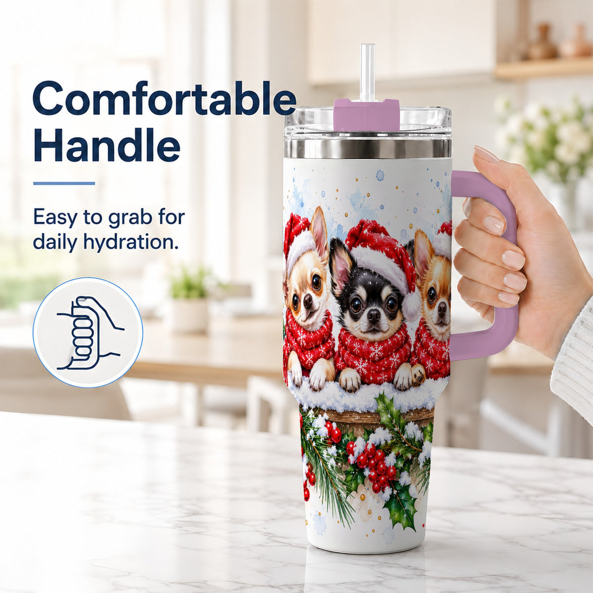 #pl[40oz|Pink] Watercolor Chihuahua 40oz Tumbler with Handle, Christmas Dog Travel Cup