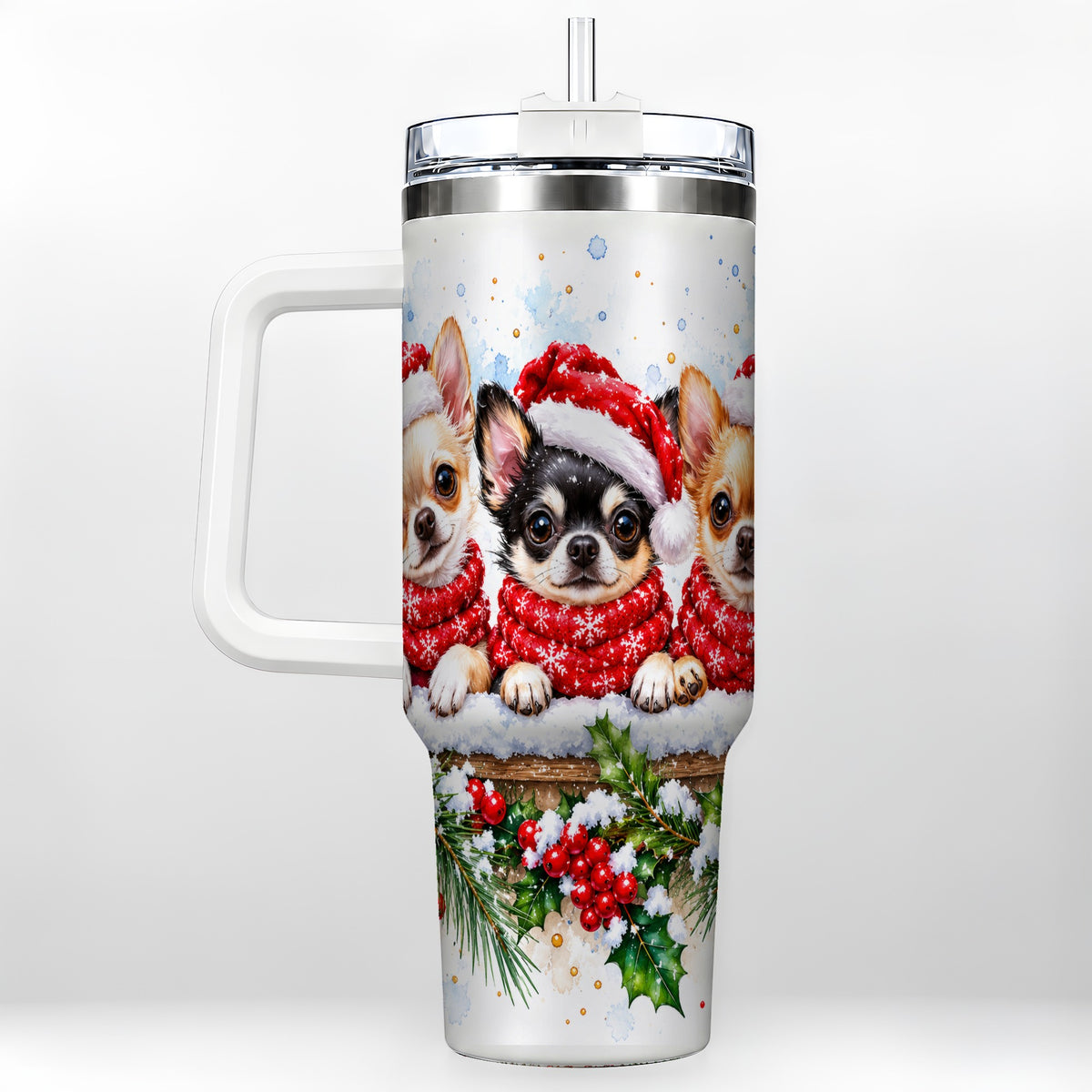 Watercolor Chihuahua 40oz Tumbler with Handle, Christmas Dog Travel Cup