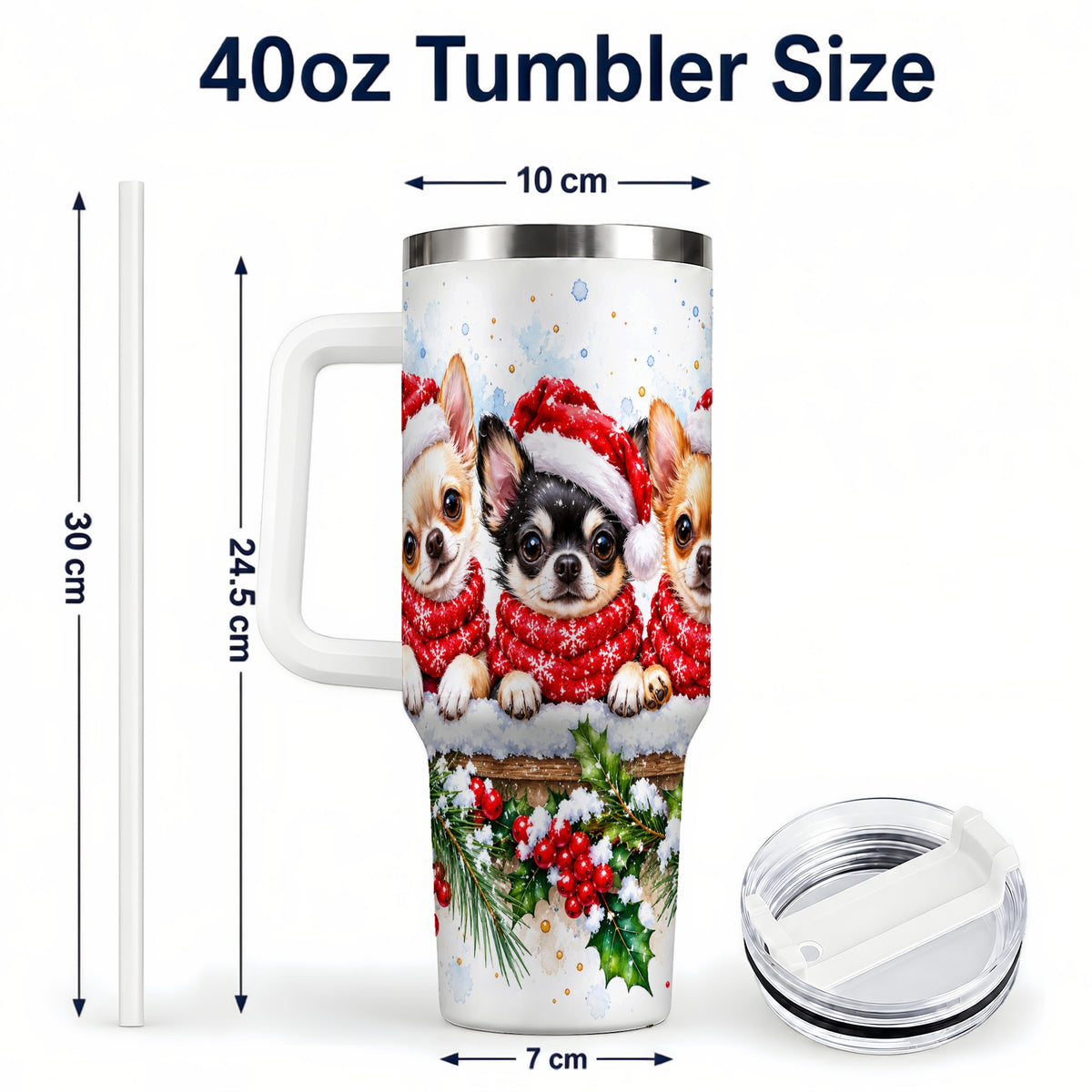 #pl[40oz|White] Watercolor Chihuahua 40oz Tumbler with Handle, Christmas Dog Travel Cup