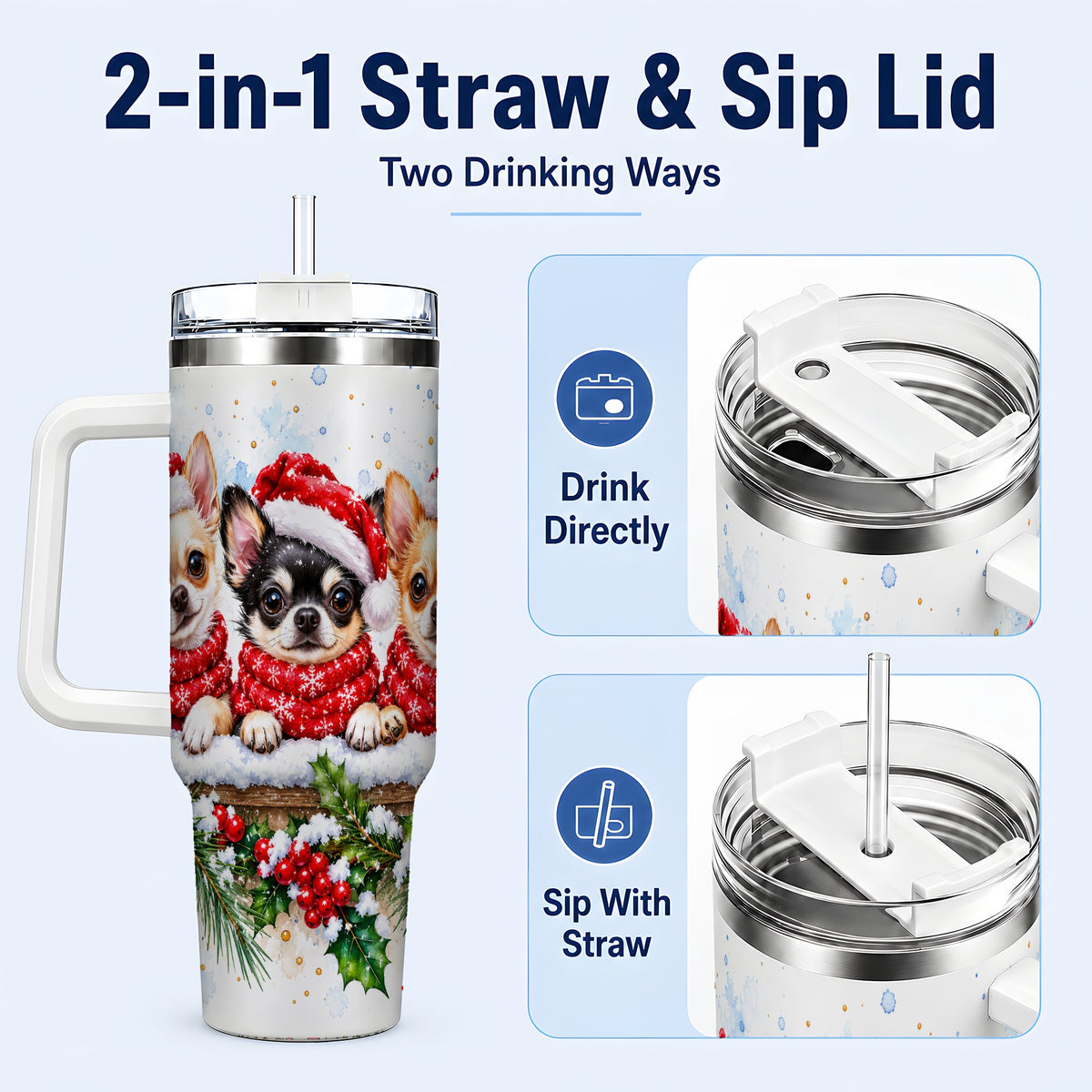 #pl[40oz|White] Watercolor Chihuahua 40oz Tumbler with Handle, Christmas Dog Travel Cup