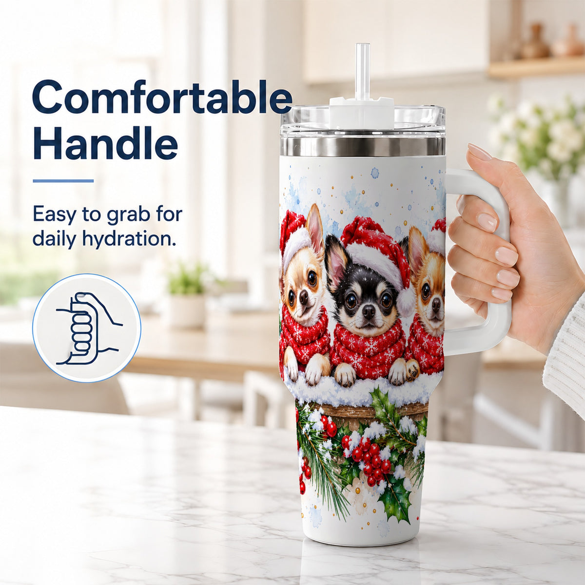#pl[40oz|White] Watercolor Chihuahua 40oz Tumbler with Handle, Christmas Dog Travel Cup