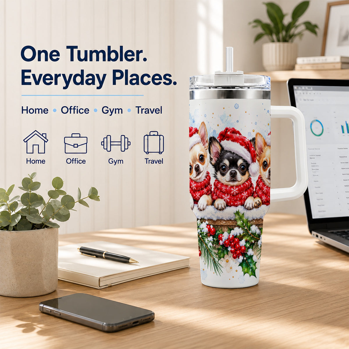 Watercolor Chihuahua 40oz Tumbler with Handle, Christmas Dog Travel Cup
