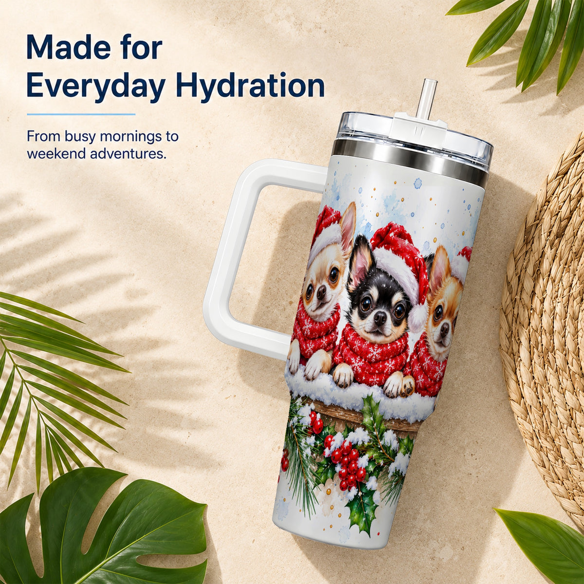 Watercolor Chihuahua 40oz Tumbler with Handle, Christmas Dog Travel Cup