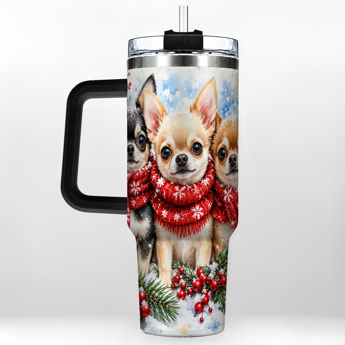 #pl[40oz|Black] Winter Chihuahua 40oz Tumbler with Handle, Snowy Dog Travel Cup