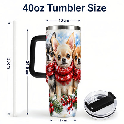 #pl[40oz|Black] Winter Chihuahua 40oz Tumbler with Handle, Snowy Dog Travel Cup