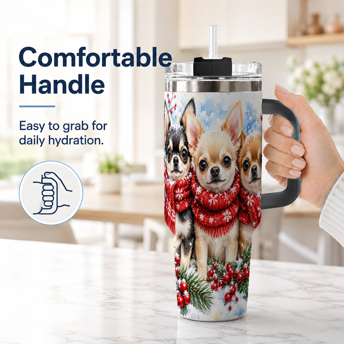 #pl[40oz|Black] Winter Chihuahua 40oz Tumbler with Handle, Snowy Dog Travel Cup