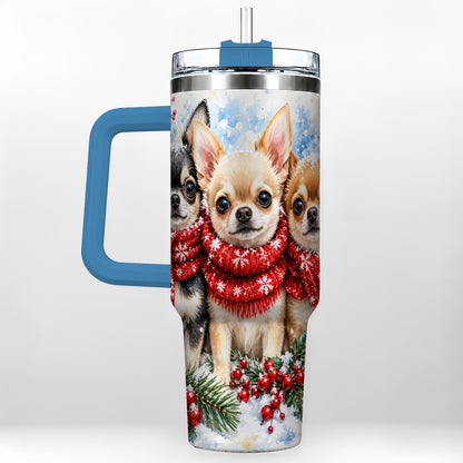 #pl[40oz|Blue] Winter Chihuahua 40oz Tumbler with Handle, Snowy Dog Travel Cup