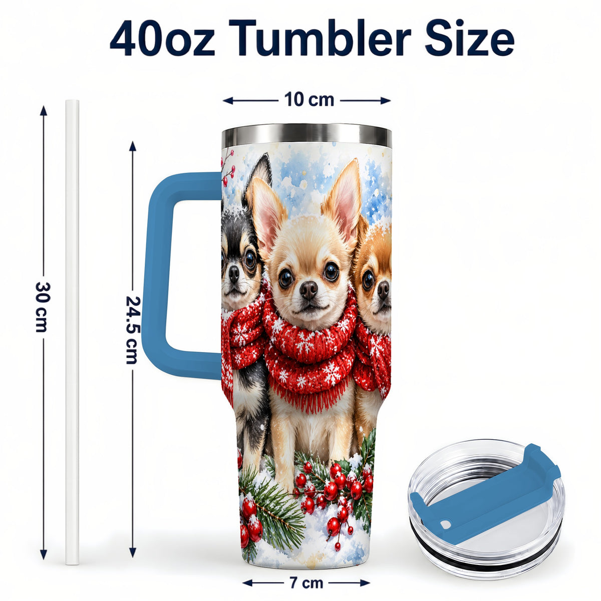 #pl[40oz|Blue] Winter Chihuahua 40oz Tumbler with Handle, Snowy Dog Travel Cup