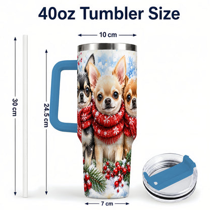 #pl[40oz|Blue] Winter Chihuahua 40oz Tumbler with Handle, Snowy Dog Travel Cup