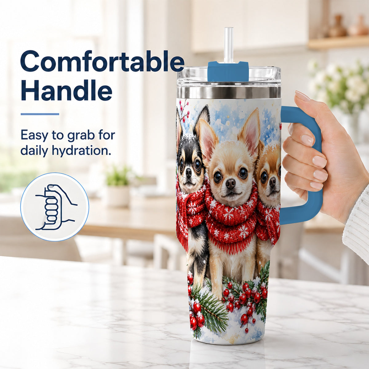 #pl[40oz|Blue] Winter Chihuahua 40oz Tumbler with Handle, Snowy Dog Travel Cup