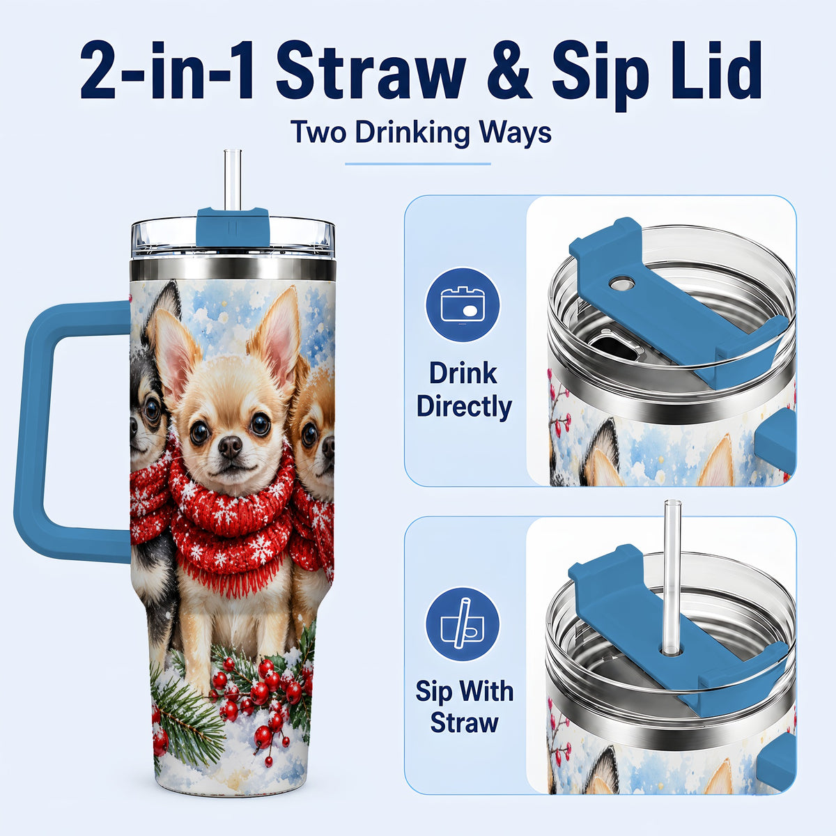 #pl[40oz|Blue] Winter Chihuahua 40oz Tumbler with Handle, Snowy Dog Travel Cup