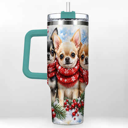 #pl[40oz|Green] Winter Chihuahua 40oz Tumbler with Handle, Snowy Dog Travel Cup