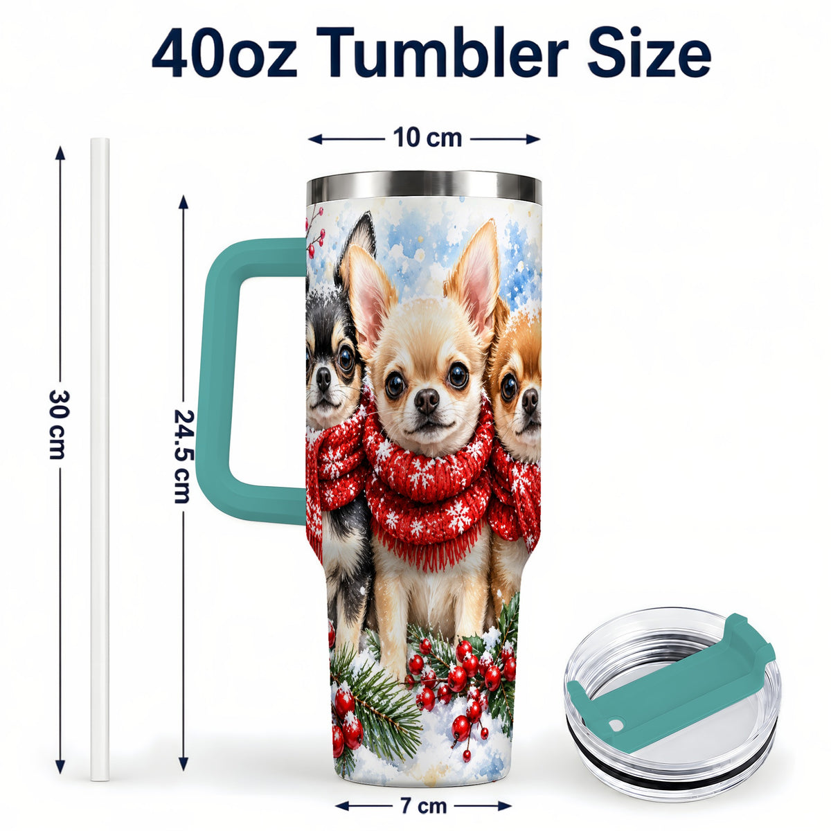 #pl[40oz|Green] Winter Chihuahua 40oz Tumbler with Handle, Snowy Dog Travel Cup