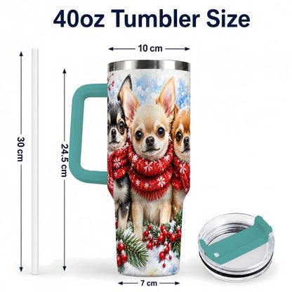 #pl[40oz|Green] Winter Chihuahua 40oz Tumbler with Handle, Snowy Dog Travel Cup