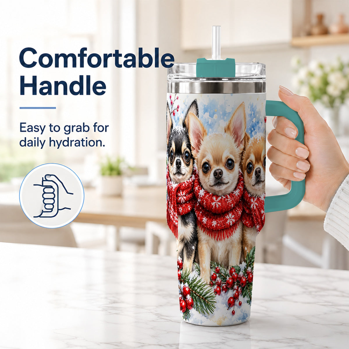 #pl[40oz|Green] Winter Chihuahua 40oz Tumbler with Handle, Snowy Dog Travel Cup