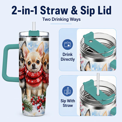 #pl[40oz|Green] Winter Chihuahua 40oz Tumbler with Handle, Snowy Dog Travel Cup