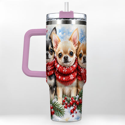 #pl[40oz|Pink] Winter Chihuahua 40oz Tumbler with Handle, Snowy Dog Travel Cup