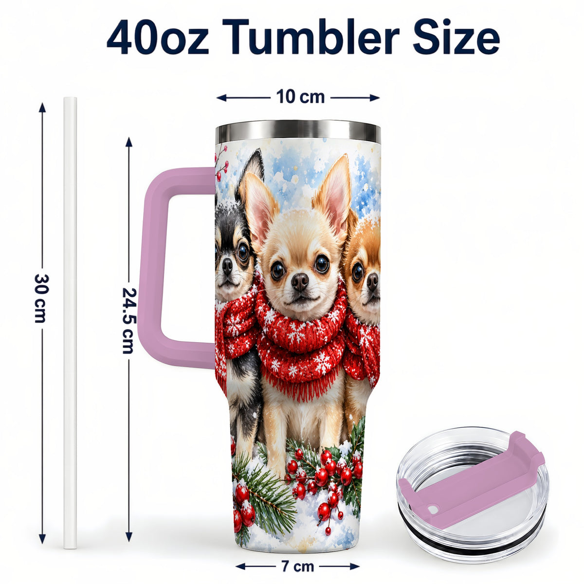 #pl[40oz|Pink] Winter Chihuahua 40oz Tumbler with Handle, Snowy Dog Travel Cup