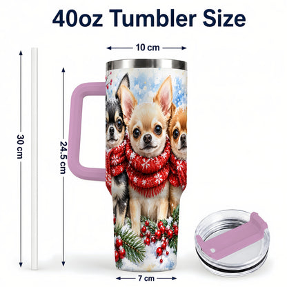 #pl[40oz|Pink] Winter Chihuahua 40oz Tumbler with Handle, Snowy Dog Travel Cup