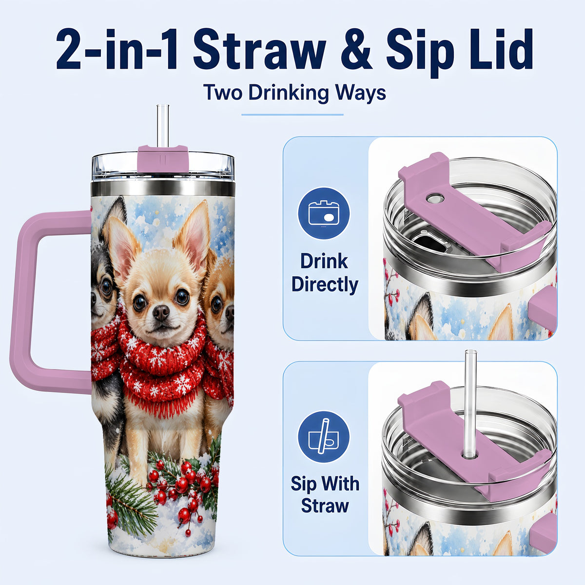 #pl[40oz|Pink] Winter Chihuahua 40oz Tumbler with Handle, Snowy Dog Travel Cup