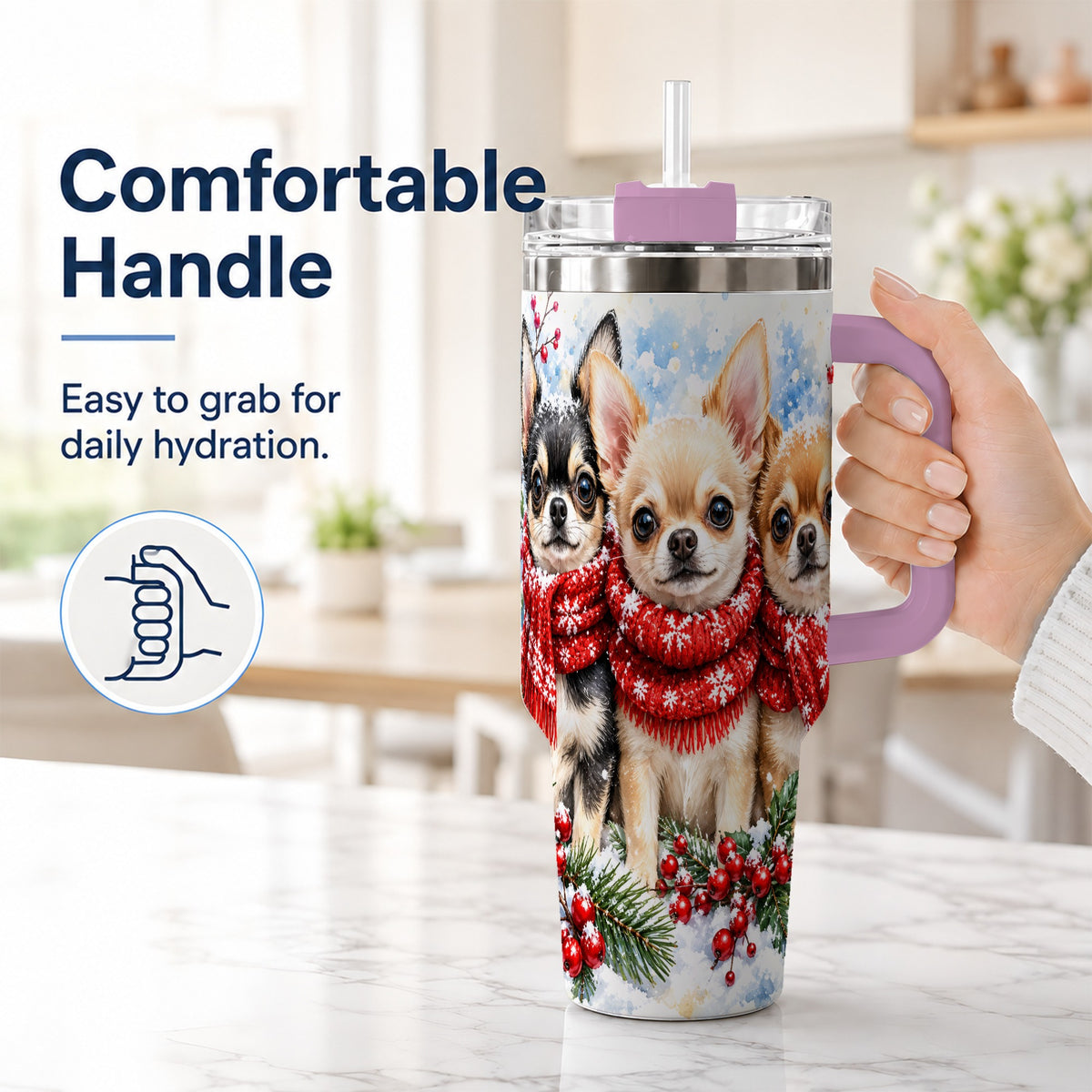 #pl[40oz|Pink] Winter Chihuahua 40oz Tumbler with Handle, Snowy Dog Travel Cup