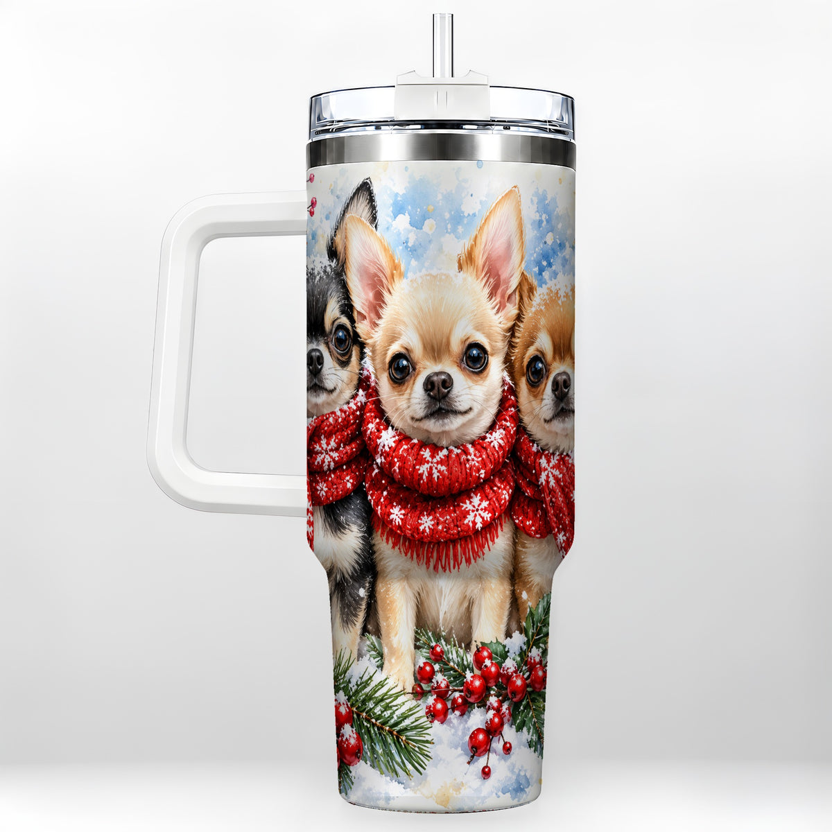 Winter Chihuahua 40oz Tumbler with Handle, Snowy Dog Travel Cup
