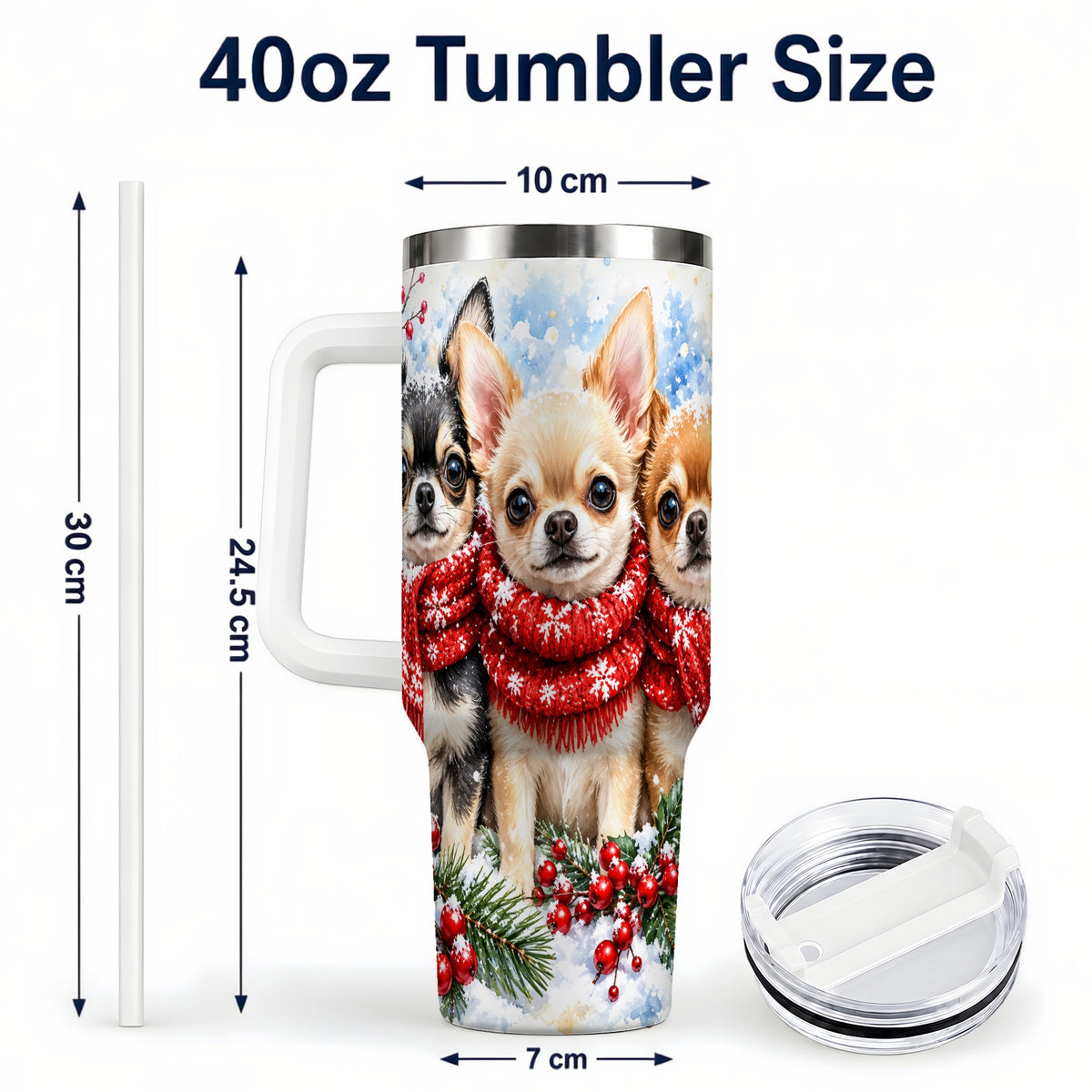 #pl[40oz|White] Winter Chihuahua 40oz Tumbler with Handle, Snowy Dog Travel Cup