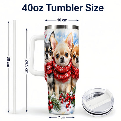 #pl[40oz|White] Winter Chihuahua 40oz Tumbler with Handle, Snowy Dog Travel Cup