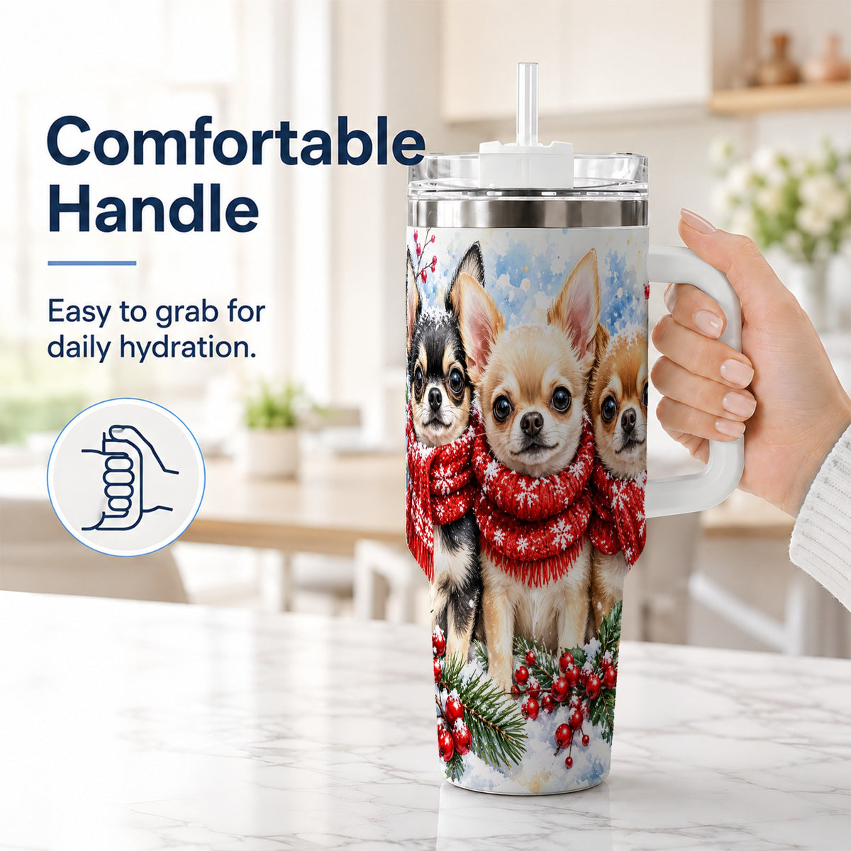 #pl[40oz|White] Winter Chihuahua 40oz Tumbler with Handle, Snowy Dog Travel Cup