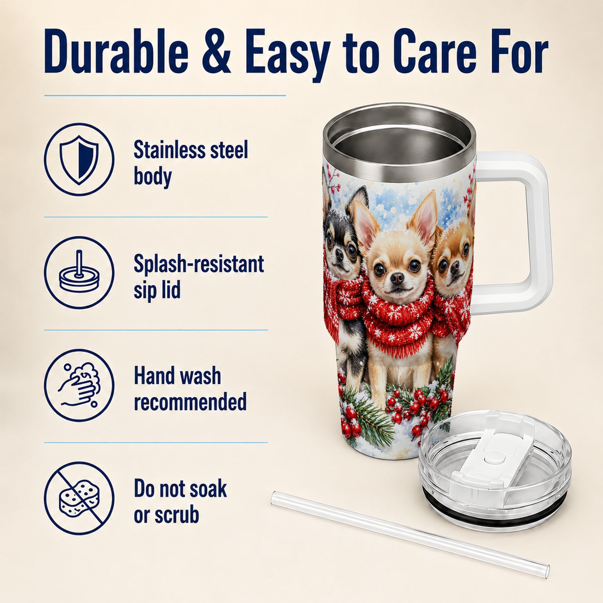 Winter Chihuahua 40oz Tumbler with Handle, Snowy Dog Travel Cup