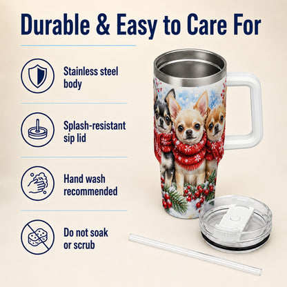 Winter Chihuahua 40oz Tumbler with Handle, Snowy Dog Travel Cup