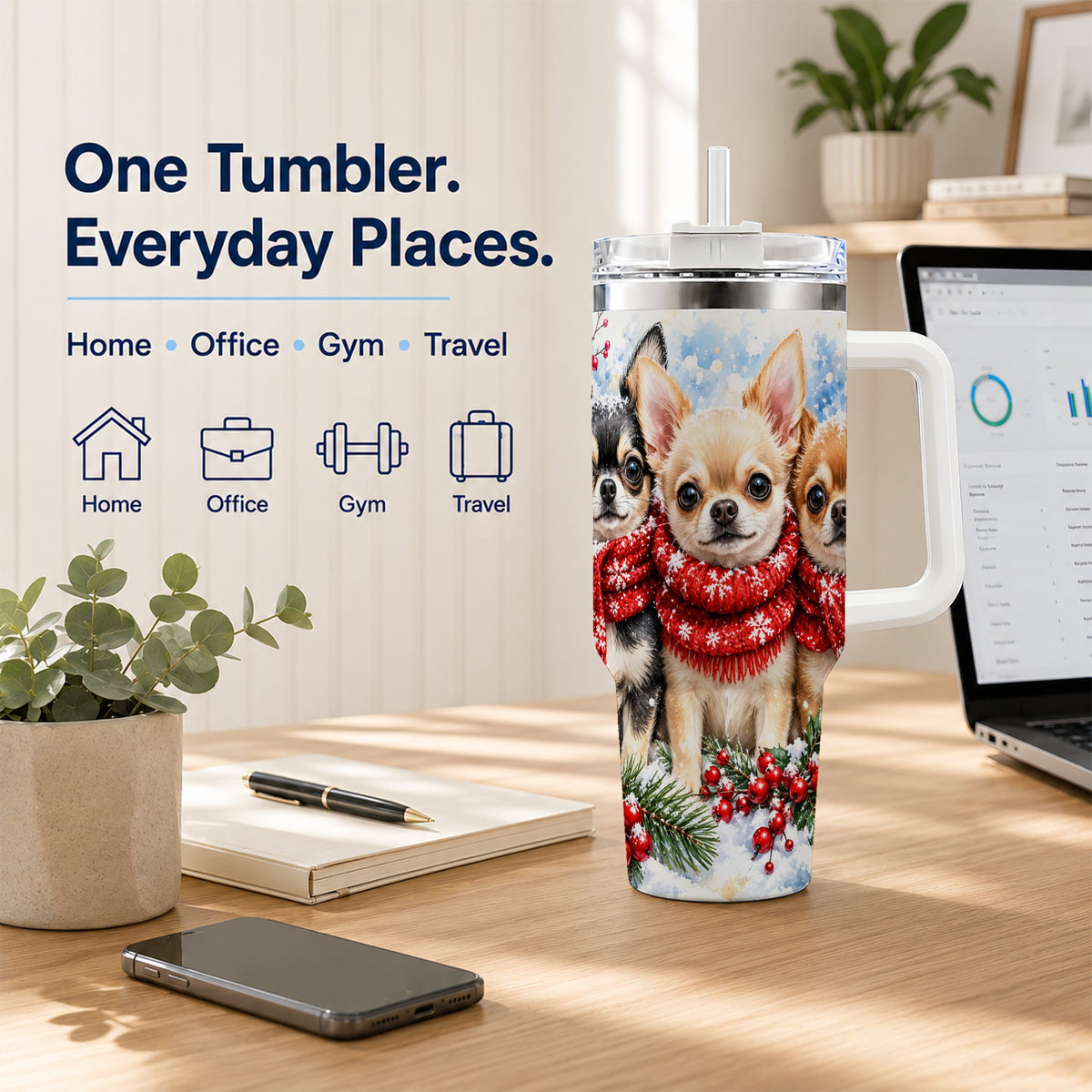Winter Chihuahua 40oz Tumbler with Handle, Snowy Dog Travel Cup