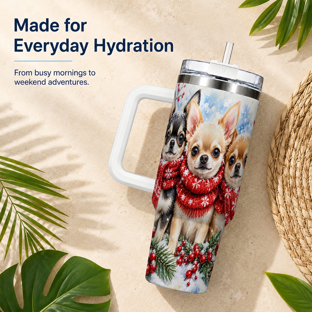 Winter Chihuahua 40oz Tumbler with Handle, Snowy Dog Travel Cup